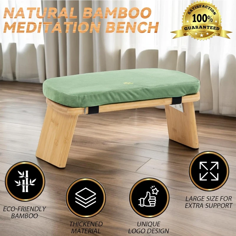 Bamboo Folding Meditation Bench with Cushion (Green) – Ergonomic Seiza Kneeling Stool with Magnetic Locking Hinges and Carry Bag
