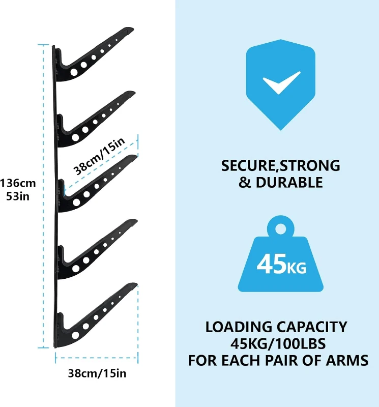 5-Board Adjustable Wall Mount Rack for Surfboards, Wakeboards & Snowboards