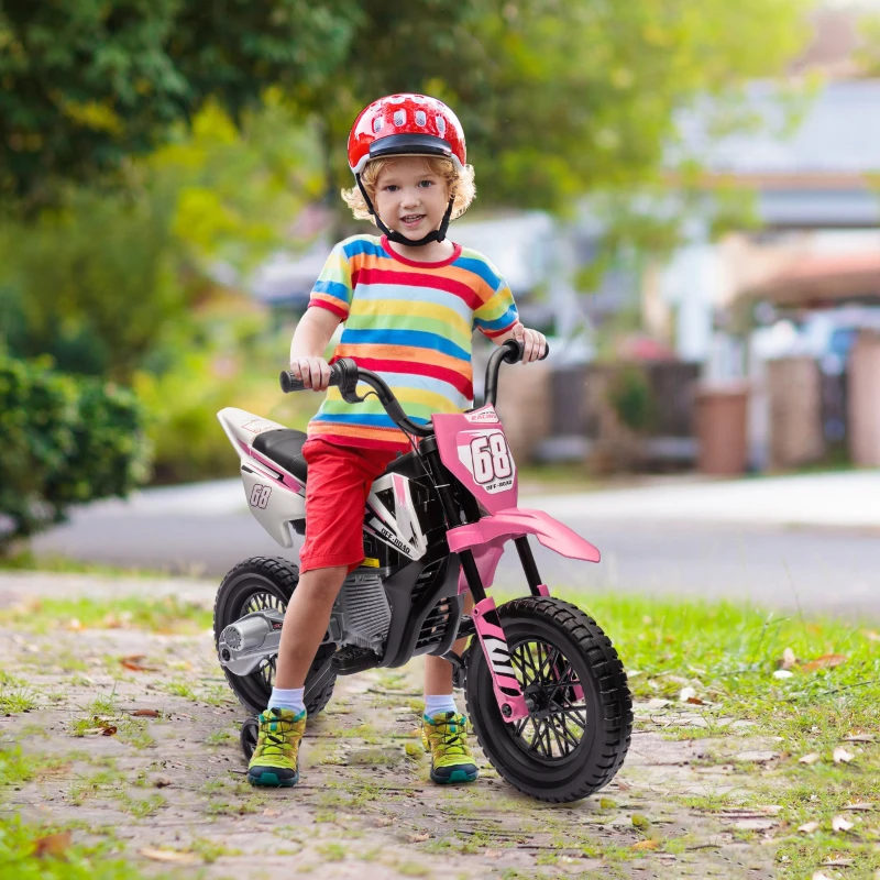 Qaba 12V Kids Dirt Bike, Electric Motorcycle with Twist Grip Throttle, Training Wheels, Rear Suspension & Music, Pink