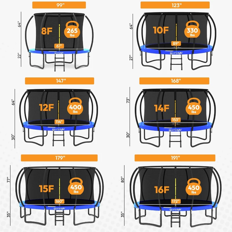 JUMPZYLLA Outdoor Trampoline (8FT–16FT) with Enclosure and Ladder — ASTM Approved Recreational Trampoline with Anti-Rust Coated Frame