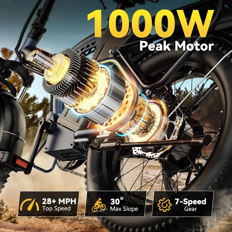 1000W Peak Folding Electric Bike with 48V 20Ah Removable Battery, 20"" Fat Tires - 30+ MPH, Up to 80-Mile Range