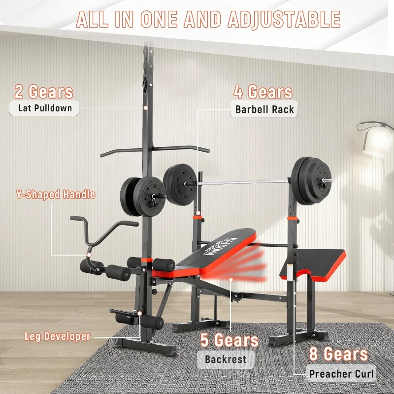 MAIDOMA 1500 lb 8-in-1 Olympic Weight Bench Set with Leg Extension/Curl, Preacher Pad, Barbell Rack & Safety Catches — Foldable Home Workout Bench (US Stock)