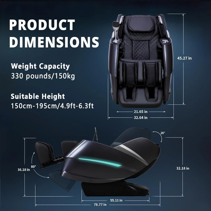 4D Full-Body Massage Chair - 55"" S+L Track Zero Gravity Recliner | 20 Auto Modes, 11 Techniques, 40-Airbag System | Yoga Stretch, App Control (Black)