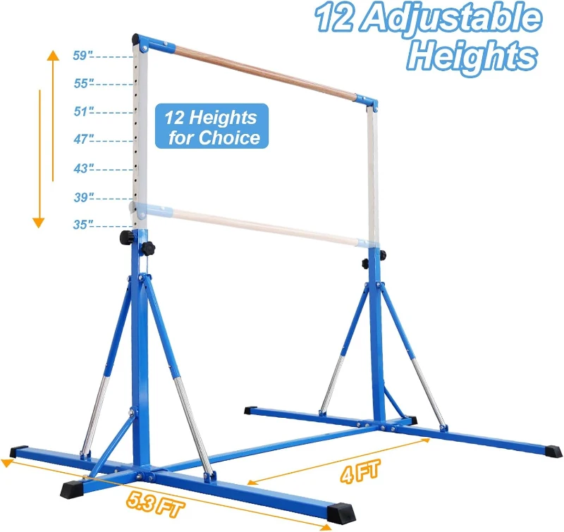 Collapsible Kids Gymnastics Bar 5FT - Adjustable 35.4""–59"", Ages 5-20, 500 lb Capacity with Safety Mat, Home Use