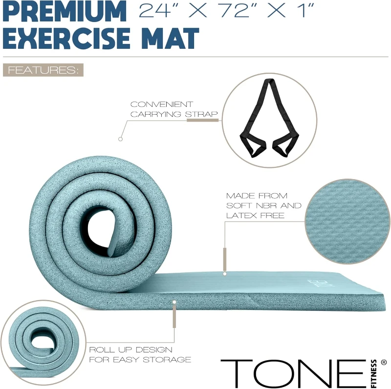 Tone Fitness 1-inch Thick Exercise Mat — High-Density, Non-Skid NBR with Strap for Pilates, Yoga & Home Workout Sessions