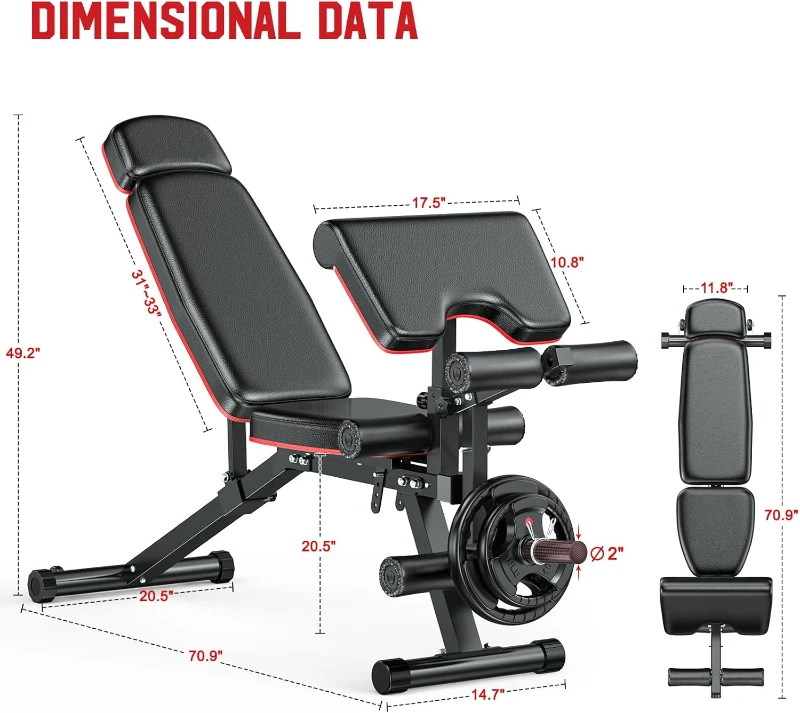 XDDIAS Adjustable Weight Bench with Leg Extension/Curl & Extended Headrest, Preacher Curl Station — 900 lb Capacity (Includes 4x10lb Bumper Plates)