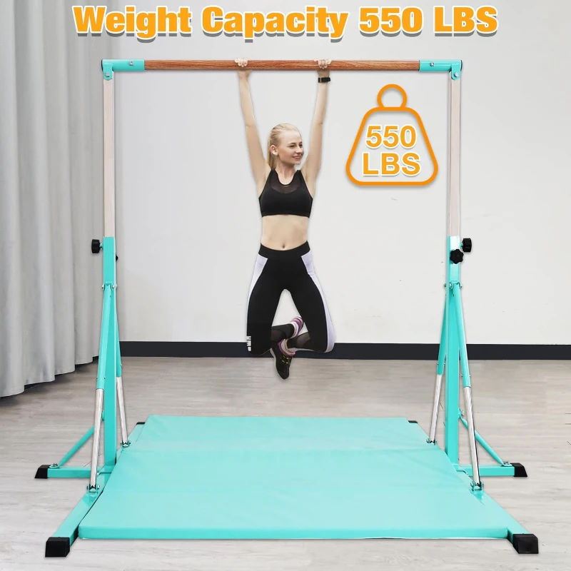 Adjustable Foldable Gymnastics Bar 5FT/6FT with Mat, Horizontal Kids Training Bar, Heights 35.4""–59"" / 45""–71"", 500 lb Capacity