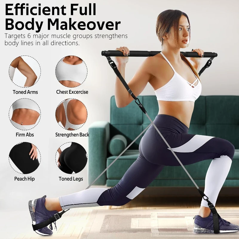 REN RAN RING Pilates Bar Set with Resistance Bands – Adjustable Metal Buckle, All-in-One Home Pilates Bar for Men & Women Full-Body Workouts