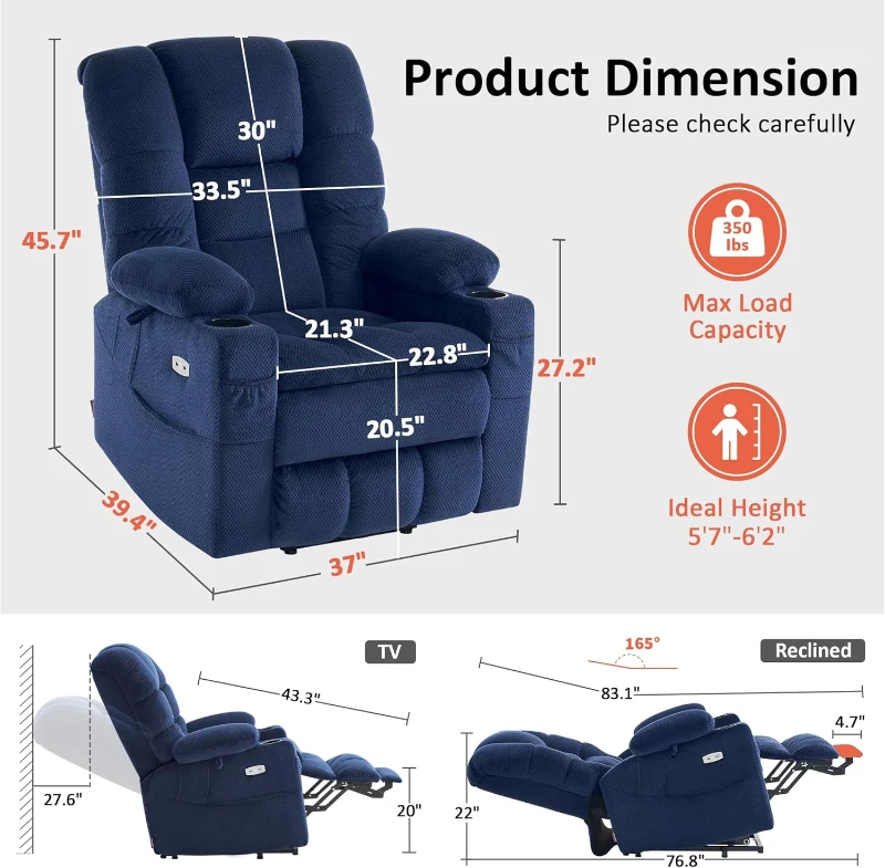 MCombo Large Triple-Motor Power Lift Recliner with Massage and Dual Heating, Adjustable Headrest for Tall Seniors, Fabric 7634 (Navy Blue, Large)