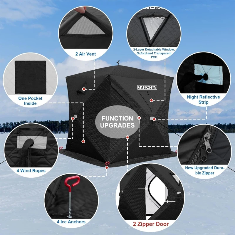 DARCHEN 3-Layer Insulated Pop-Up Ice Fishing Shelter for 3-4 People - Thermal Shanty with Insulation Skirt