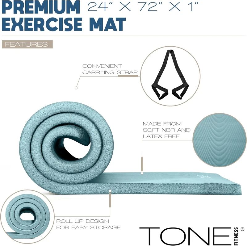 Tone Fitness One-Inch High-Density Yoga Mat | Extra-Thick Non-Slip Exercise Mat with Carry Strap (24"" x 72"") | Multiple Options