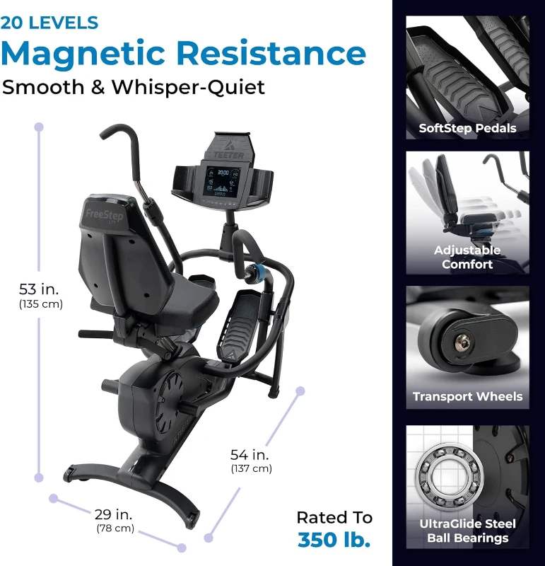 Teeter FreeStep Recumbent Cross Trainer — Zero-Impact Physical Therapy Stride, Total-Body Stepper, 350 lb Capacity, Free Trainer App