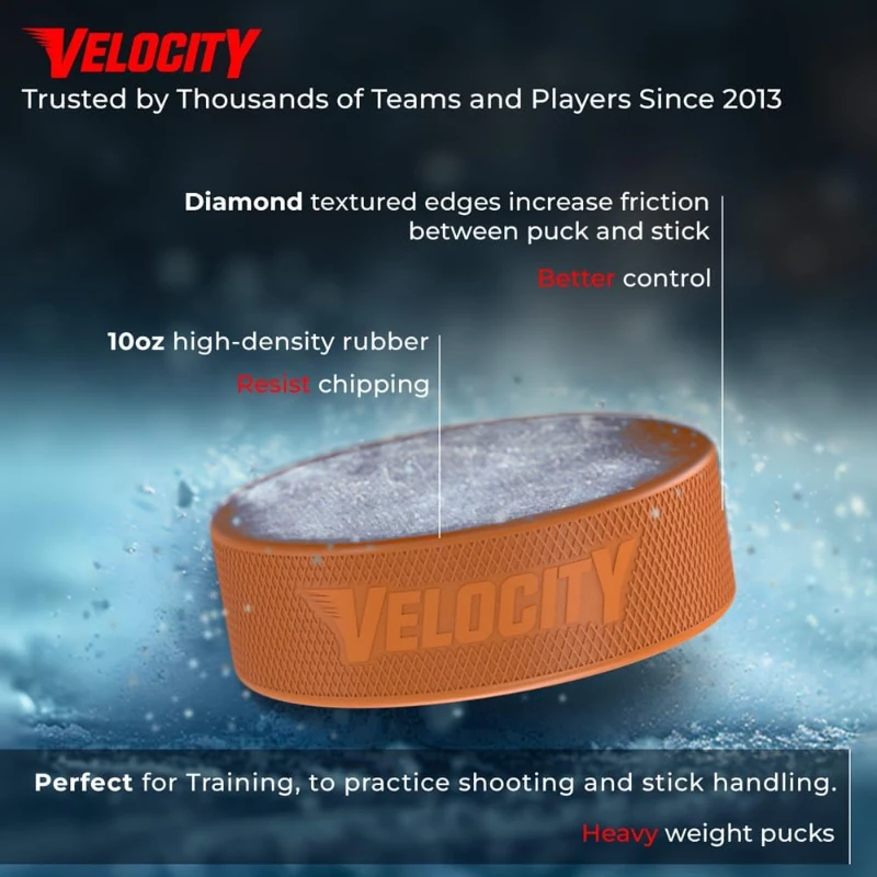 Velocity Training Hockey Pucks - Junior Lightweight, Senior Official & Heavy 10oz Options; Packs of 5/10/25/50/100