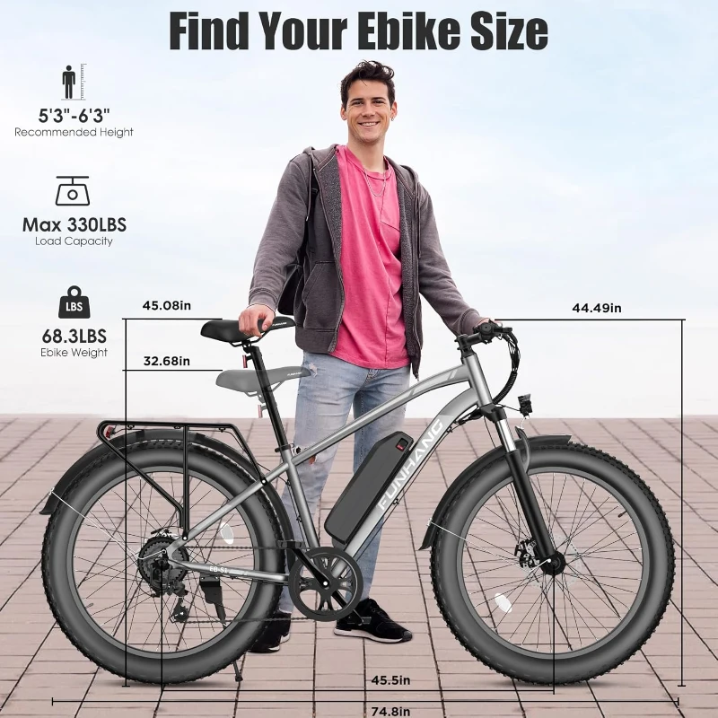 Funhang Electric Bike for Adults - Peak 1000W Ebike, 26"" Fat Tire Mountain Bike, 25 MPH, 60 Mile Range, 48V 13Ah Battery, Rear Rack, Front Suspension, 7-Speed, UL 2849 Certified
