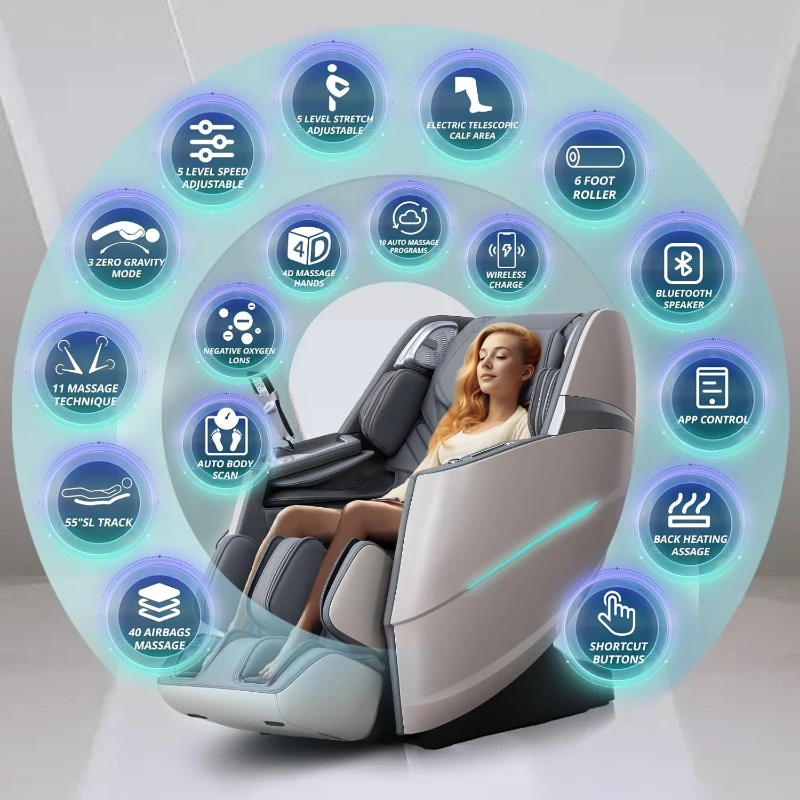 4D Full-Body Massage Chair Zero Gravity Recliner — 55"" S+L Track, 20 Auto Modes, 11 Techniques, 40 Airbags, Yoga Stretch, App Control, Negative Oxygen Ions (Grey)