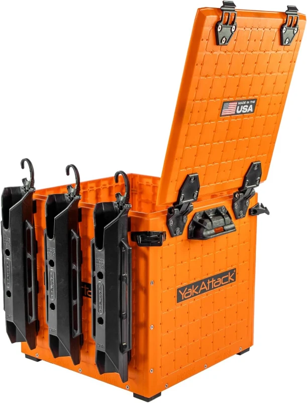 YakAttack BlackPak Pro 13"" x 13"" Orange Fishing Crate with 3 TetherTube Rod Holders – Compact Kayak Tackle Organizer | Made in USA