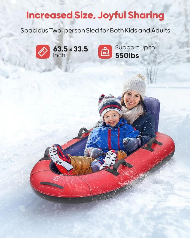 QPAU Oversized 2-Person Inflatable Snow Tube with Canvas Cover — Heavy-Duty Toboggan (63.5"" x 33.5"") with Reinforced Handles for Adults & Kids