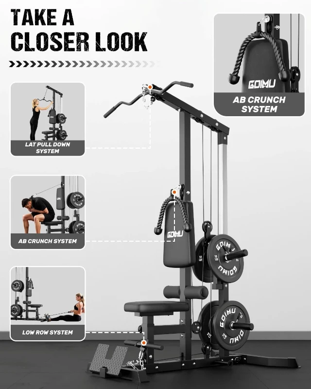 GOIMU LS01 3-in-1 Lat Pulldown & Row Tower with Ab Crunch Attachment — Compact Home Gym Pulley Station