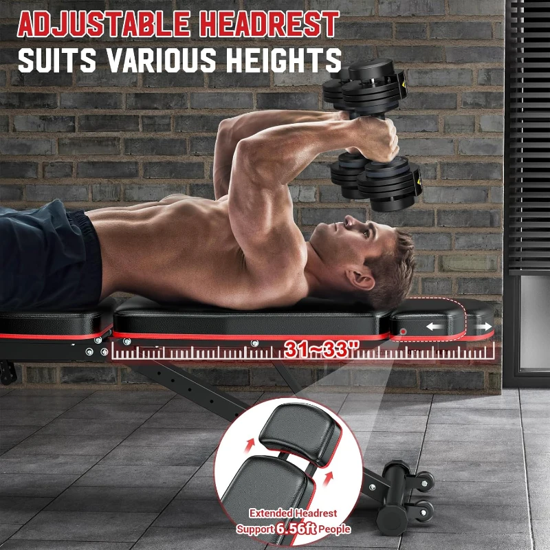 XDDIAS 900 lb Adjustable Workout Bench with Leg Extension/Curl, Extended Headrest & Preacher Pad – Incline/Decline/Flat (Includes 55 lb Adjustable Dumbbells)