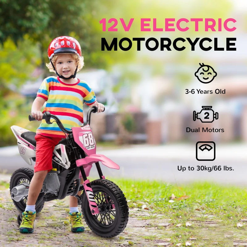 Qaba 12V Kids Dirt Bike, Electric Motorcycle with Twist Grip Throttle, Training Wheels, Rear Suspension & Music, Pink