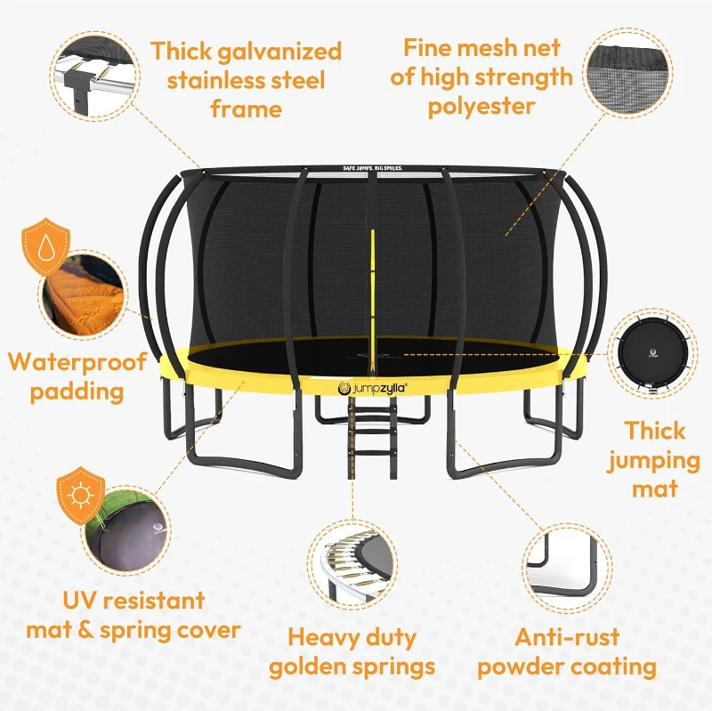 Jumpzylla 8FT–16FT Outdoor Trampoline with Enclosure & Ladder — ASTM F381-16 Certified | Anti-Corrosion Coated Frame for Kids & Adults