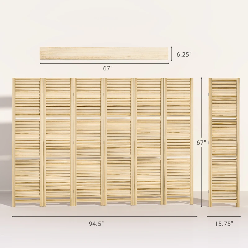 HOMCOM 6 Panel 67" Tall Wood Privacy Screen Room Divider with 3 Shelves and Folding Storage for Bedroom, Natural Wood