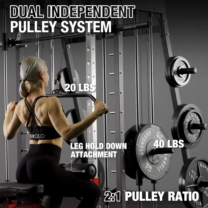 Mikolo M4 Smith Machine 2200 lb Capacity Squat Rack with Lat Pulldown & Cable Crossover, Includes Leg Hold-Down Attachment