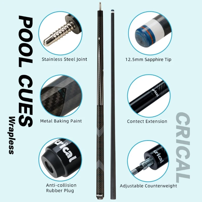 CRICAL 58"" Carbon Fiber Pool Cue – Professional Low-Deflection Billiard Cue with 12.5mm Tip & 3/8×8 Pin Joint