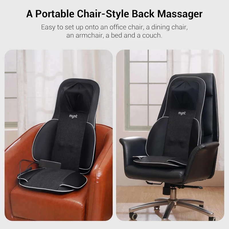 Mynt 2D & 3D Shiatsu Neck and Back Massager Chair Pad with 10 Deep Kneading Nodes, Heat, Portable Spot Massage, Black