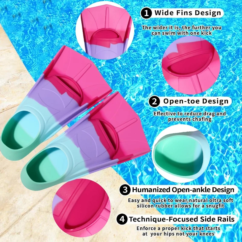 Kids Short Swim Fins — Comfortable Training Flippers for Lap Swimming, Children, Girls & Boys, Beginners