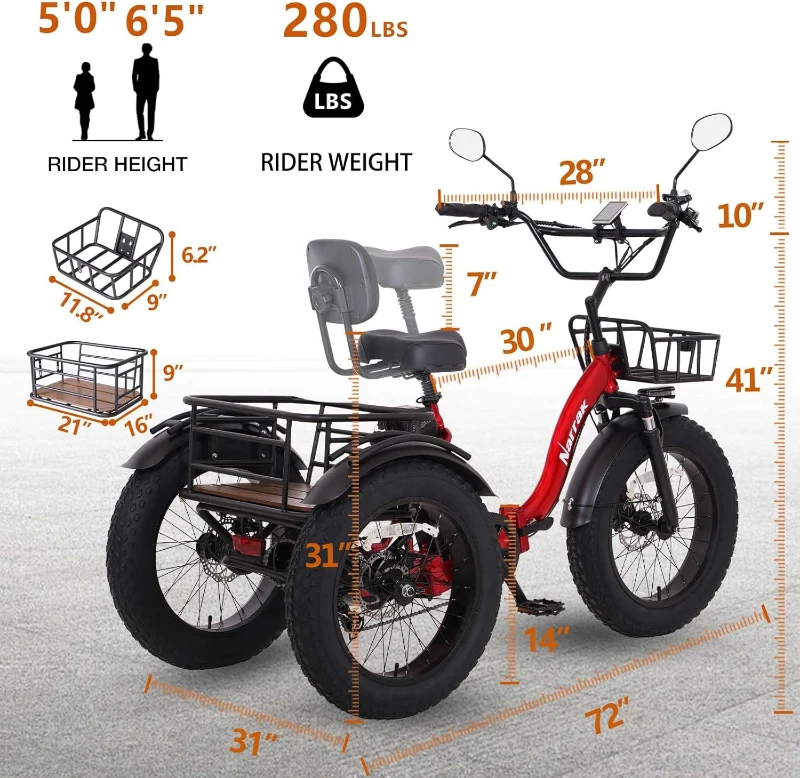 Narrak Folding Electric Tricycle for Adults — 750W (Peak 1350W), 48V13Ah UL Battery, 20x4"" Fat Tires, Differential Rear Motor, Hydraulic Brake System