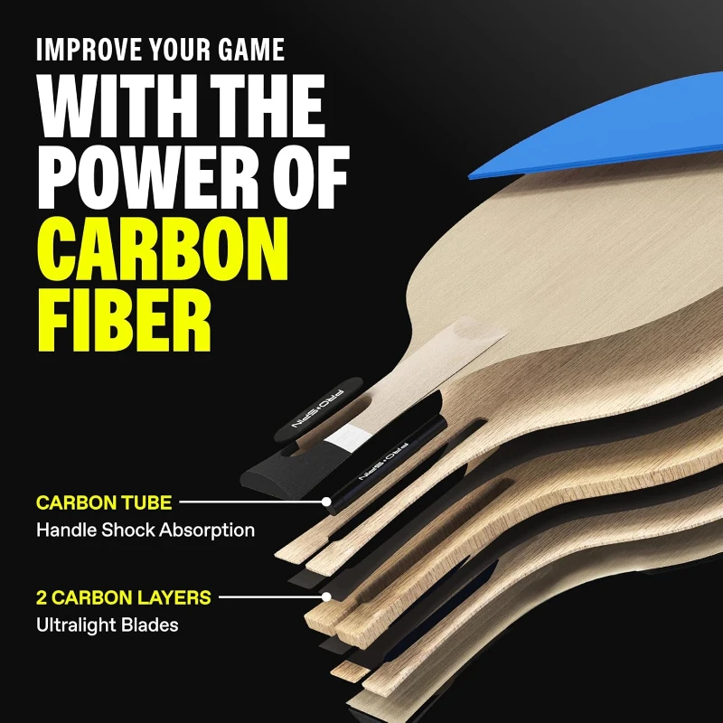 PRO-SPIN Carbon Table Tennis 4-Pack — Pro-Level Rackets with 7-Ply Blade, ITTF Rubber, 2.0mm Sponge (2 Blue + 2 Red)