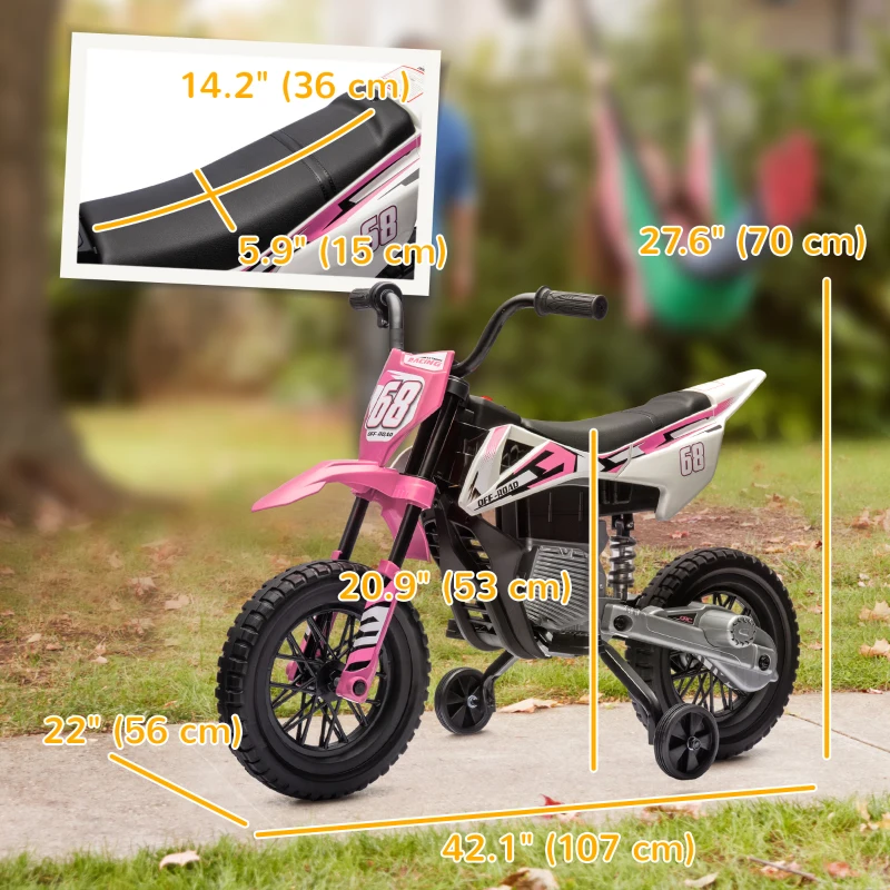 Qaba 12V Kids Dirt Bike, Electric Motorcycle with Twist Grip Throttle, Training Wheels, Rear Suspension & Music, Pink