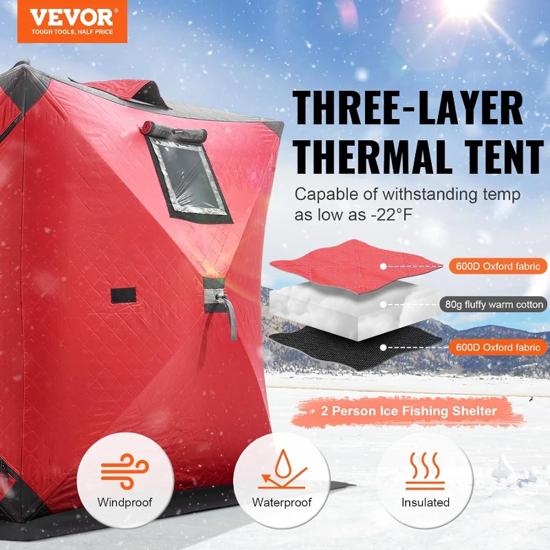 VEVOR Insulated Pop-Up Ice Fishing Tent – 600D Oxford, 80g Insulation, Hub-Style Portable Shelter for 1–8 People, Waterproof, Includes Anchors, Ropes & Carry Bag