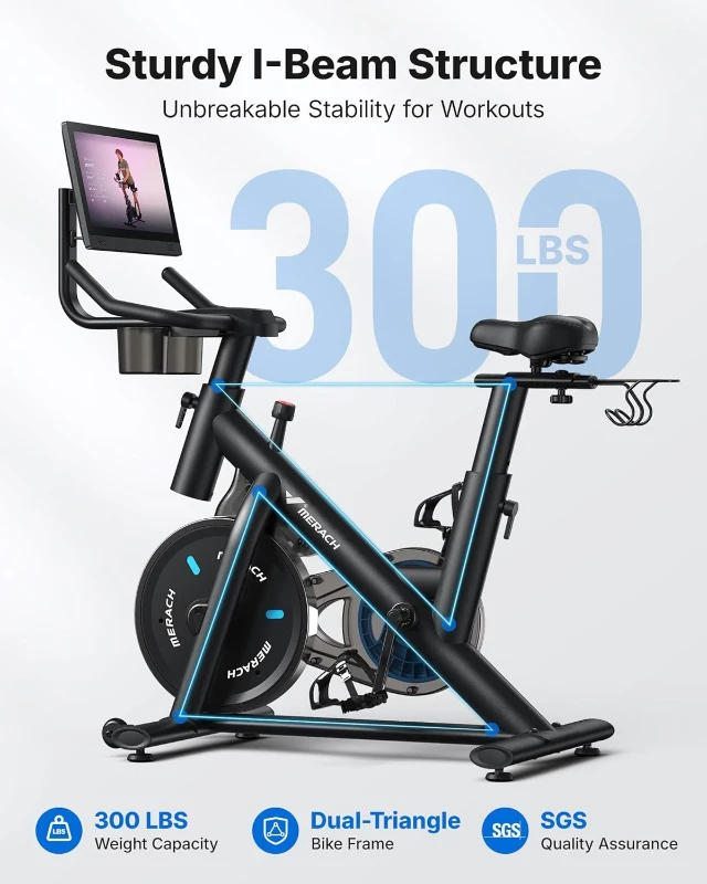 MERACH Indoor Cycling Bike with 15.6"" Full HD Screen, Magnetic Resistance, 300 lb Capacity, Tablet Mount & App-Based Fitness Courses