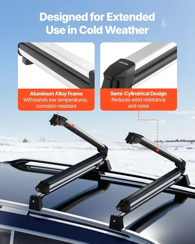 VEVOR Ski & Snowboard Roof Rack, Holds Up to 4 Pairs of Skis or 2 Snowboards, 2-Pack Aluminum Universal Top Mount with Lock & Rubber Padding, Also Fits Fishing Rods, Compatible with Most Crossbars