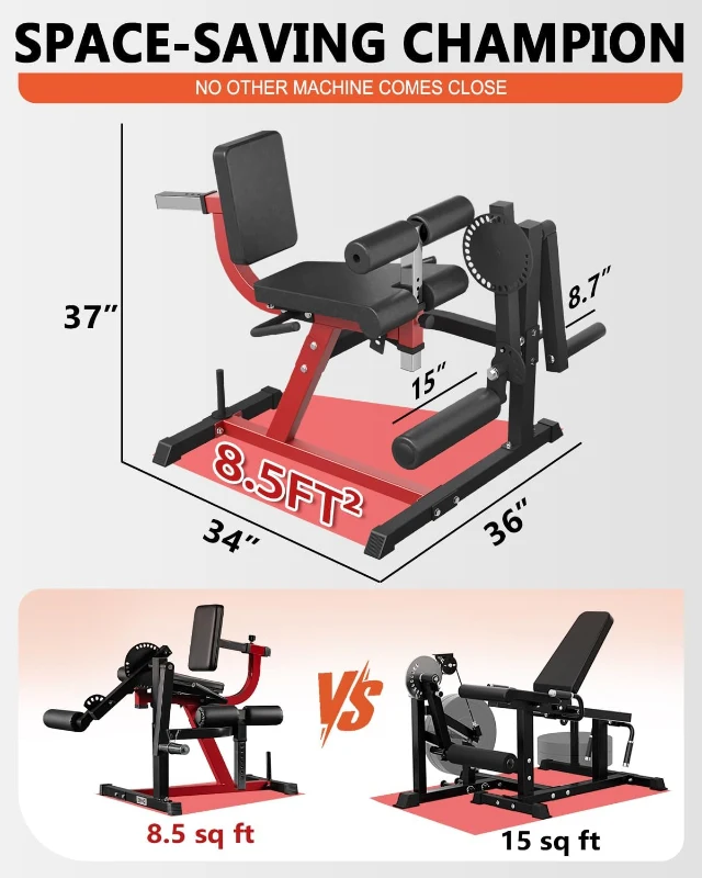 GMWD LE02 Plate-Loaded Leg Extension & Curl Machine, Adjustable Lower-Body Exercise Bench with Rotary Leg Attachment, Home Gym Thigh Trainer (Red)