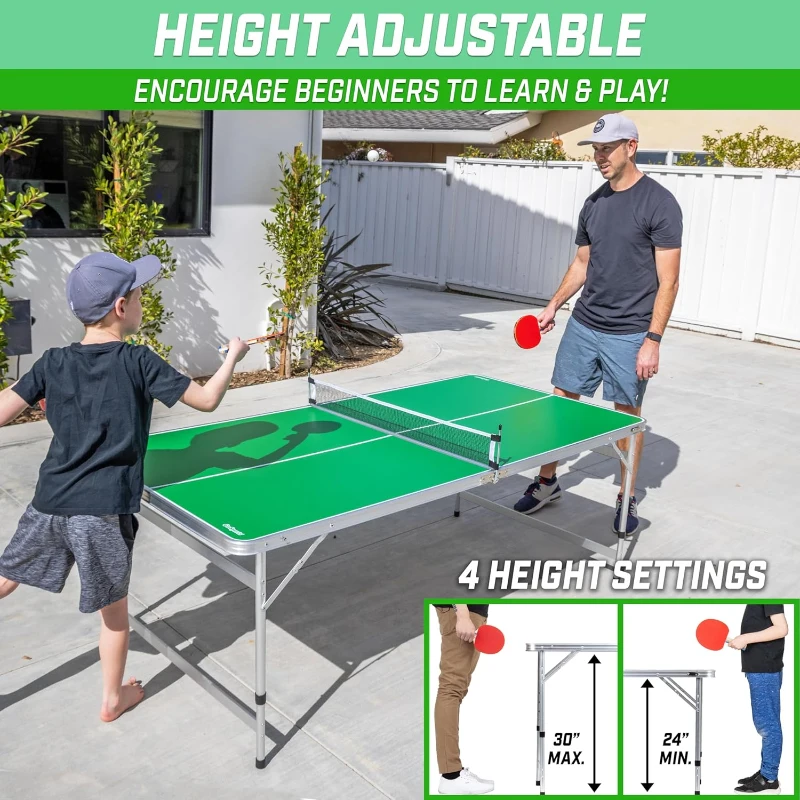 GoSports 6 x 3 ft Mid-Size Ping Pong Table Set with Adjustable Height - Blue or Green