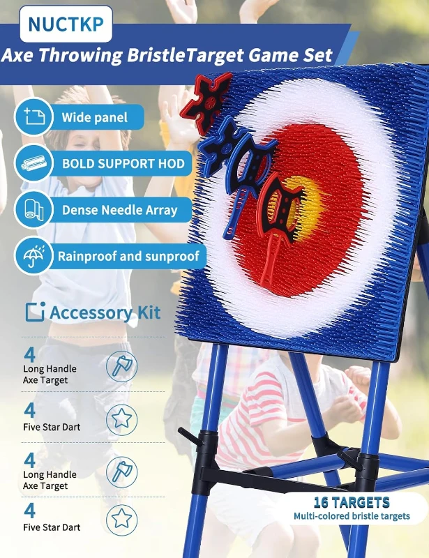 4-in-1 Bristle Axe Throwing Target Set with 8 Long-Handled Axes & 8 Star Darts - Indoor/Outdoor Yard Game