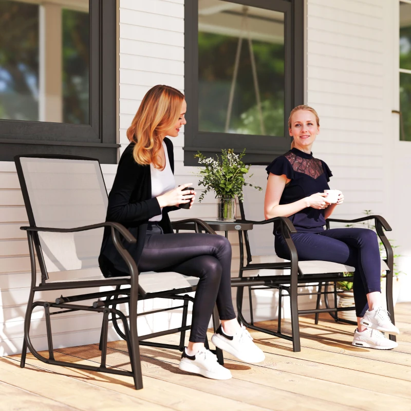 Outsunny Patio Double Glider Chair with Glass Top Center Table, Outdoor Glider Chair with High Back,  Sling Fabric for Garden, Bench, Beige