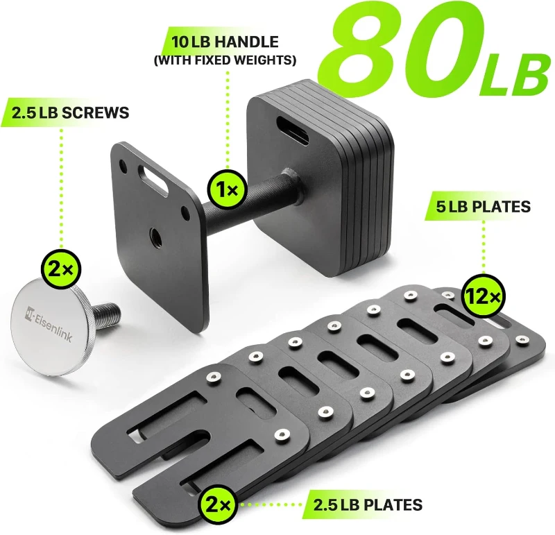 Eisenlink Quick-Lock Adjustable Dumbbell Set — 10–50/80 lb Options, 5 lb Increments, Square Plate Design for Home Gym (50/80 lb × 2)