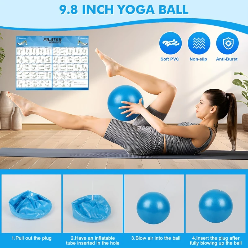 Complete Pilates Set with 14"" Ring, Fabric Resistance Bands, Mini Ball, Gliding Discs and Guide — Home Workout Kit