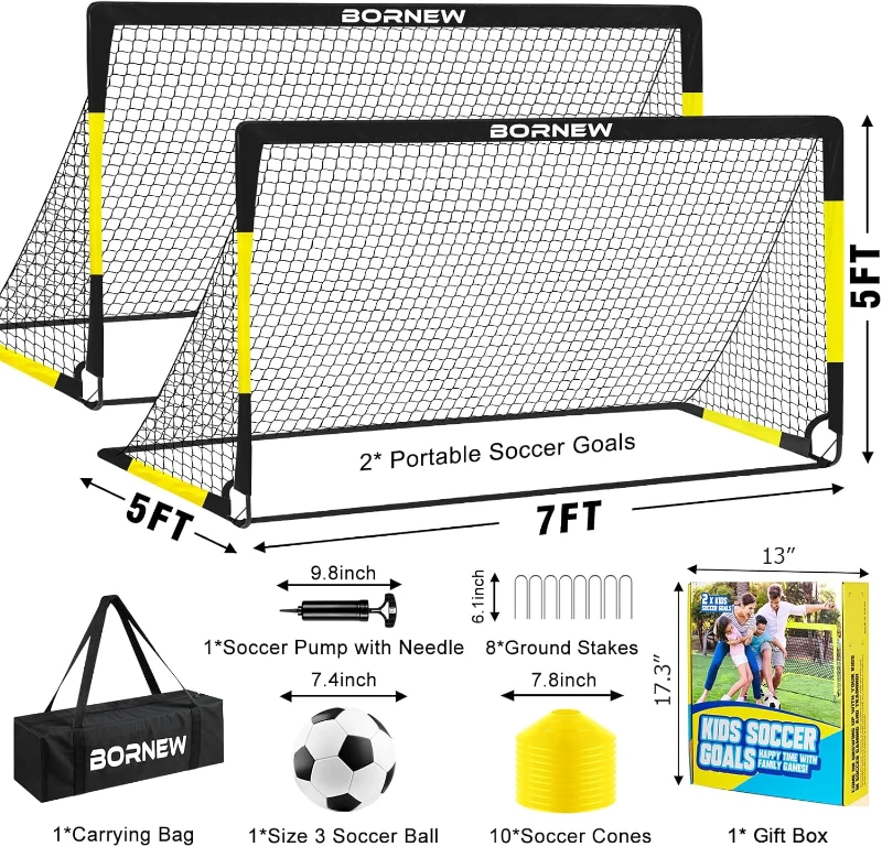 Kids Soccer Goal Set — 2-Pack Pop-Up Nets (7x5 & 6x4 Options) with Ball, Pump, Cones & Carry Bag — Portable Training Kit for Ages 3–16