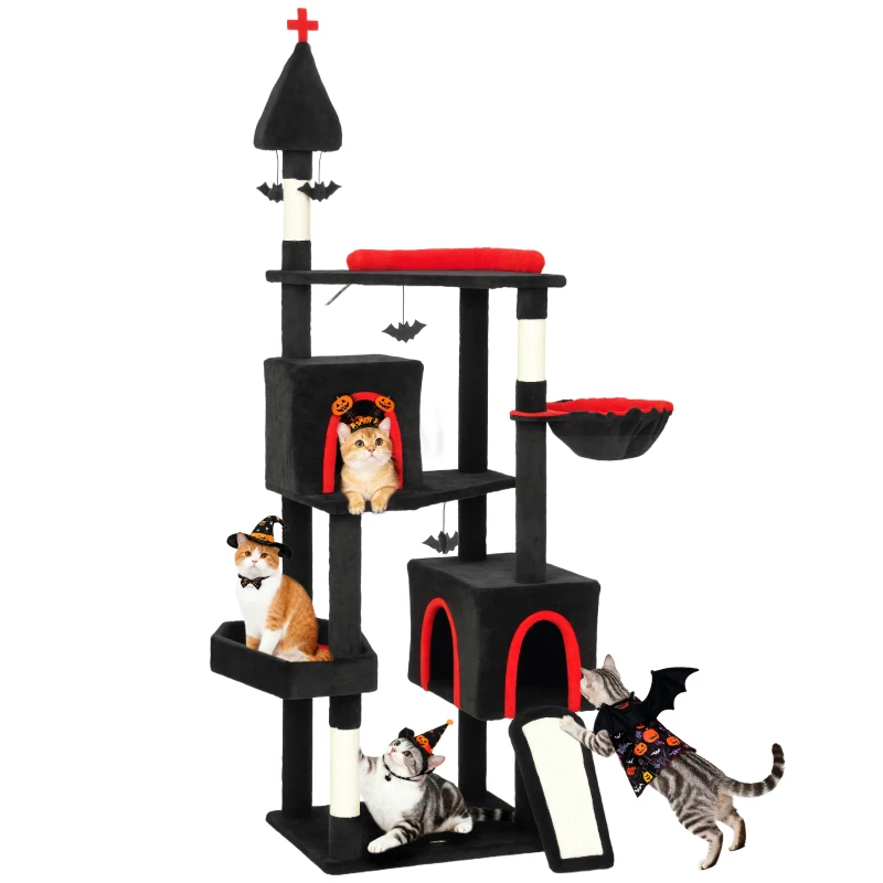 PawHut 78" Gothic Cat Tree, Cat Tower with Coffin Bed, 2 Spacious Condos, Sisal Scratching Posts, Bat Hanging Balls, Halloween