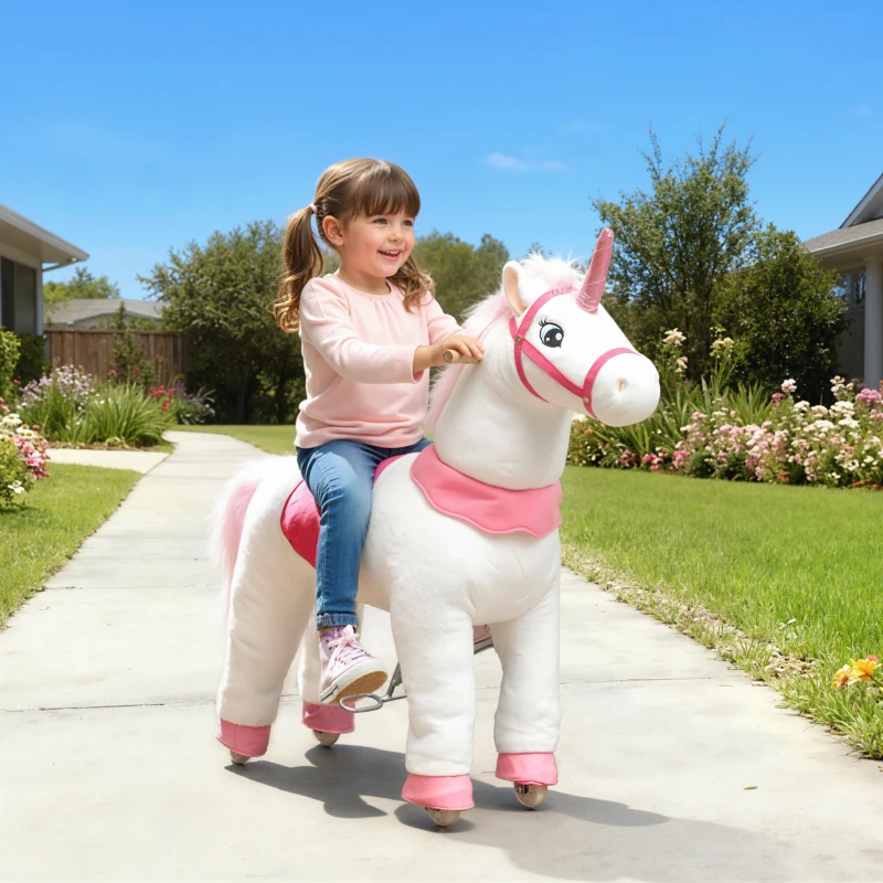 Qaba Ride on Unicorn Toy for Kids 4-7 Years, 37.8 Inch Plush Baby Rocking Horse with Wheels, No Battery Required, White