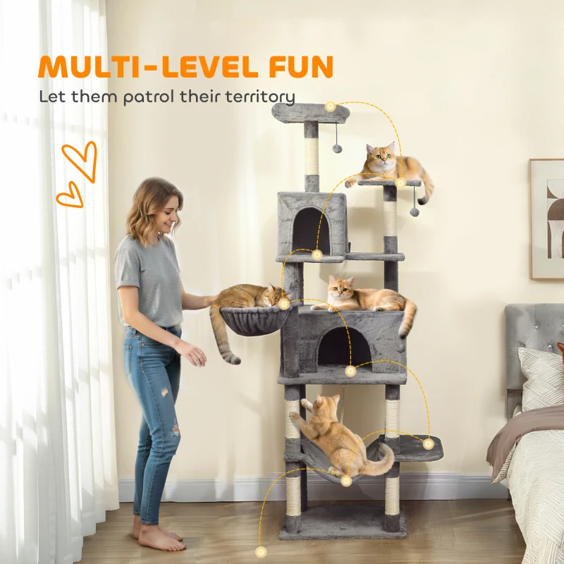 PawHut Multi-Level Cat Tower, 80" Tall Cat Tree, with 2 Condos, 2 Hammocks, 6 Sisal Scratching Posts, Dark Gray