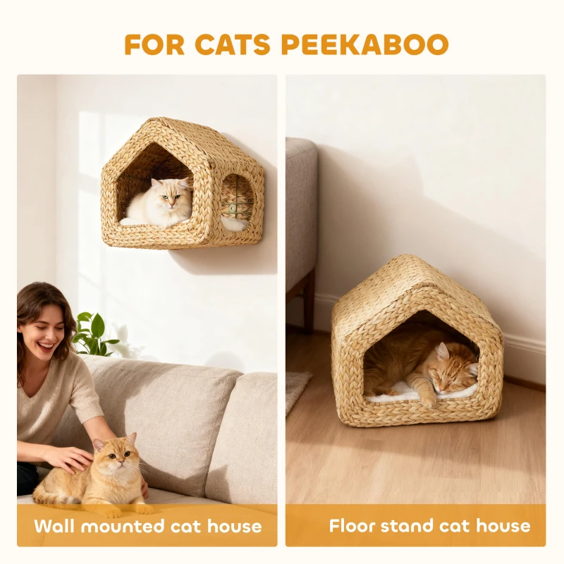PawHut Wall Mounted Cat House, Cat Wall Furniture, Cat Wall Shelf with Washable Cushion, Natural