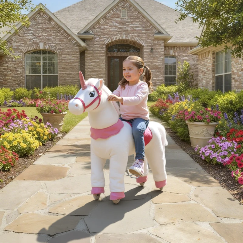 Qaba Ride on Unicorn Toy for Kids 4-7 Years, 37.8 Inch Plush Baby Rocking Horse with Wheels, No Battery Required, White