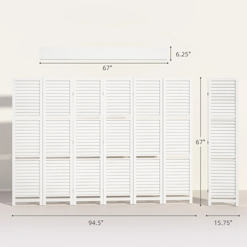 HOMCOM 6 Panel 67" Tall Wood Privacy Screen Room Divider with 3 Shelves and Folding Storage for Bedroom, White