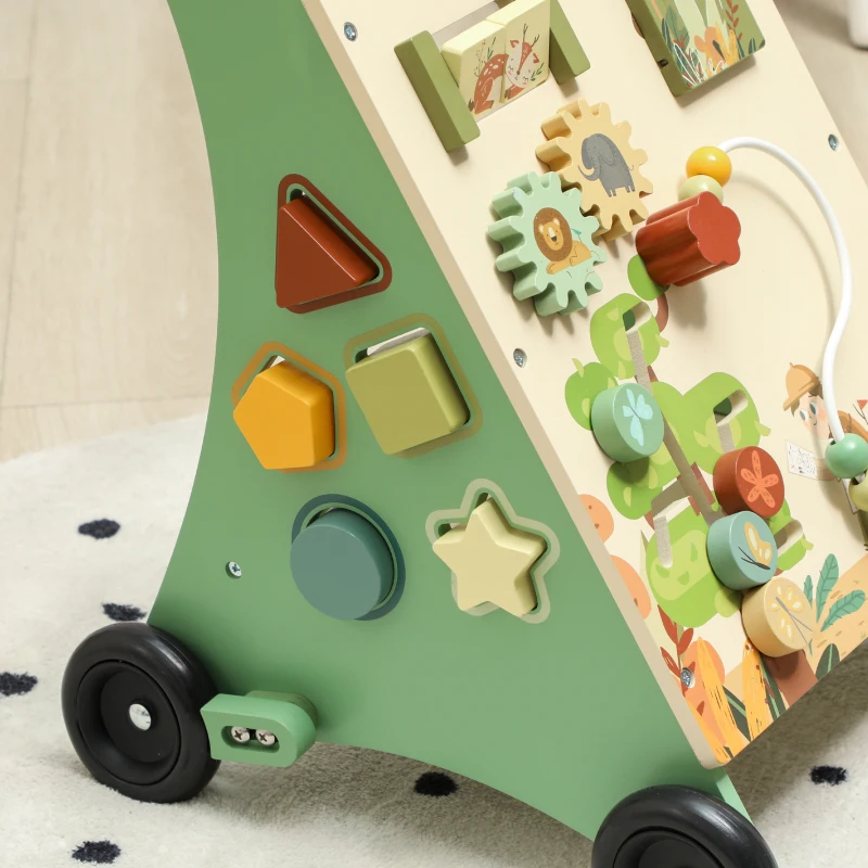 Qaba Wooden Baby Walker, Push Along Walker Toys with Speed Control, Xylophone, gears and Bead Maze, Green